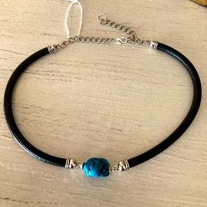 Faux Turquoise Nugget Bead Necklace on Black Leather Cord - Choker Style